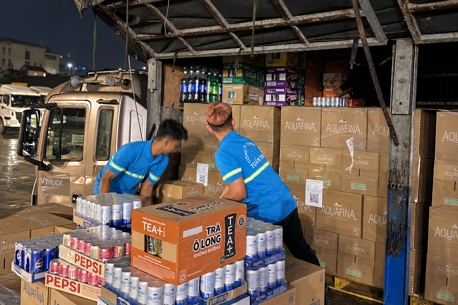 Logistics operations team loading freight at night
